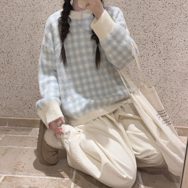 Glotto-Crew Neck Plaid Sweater