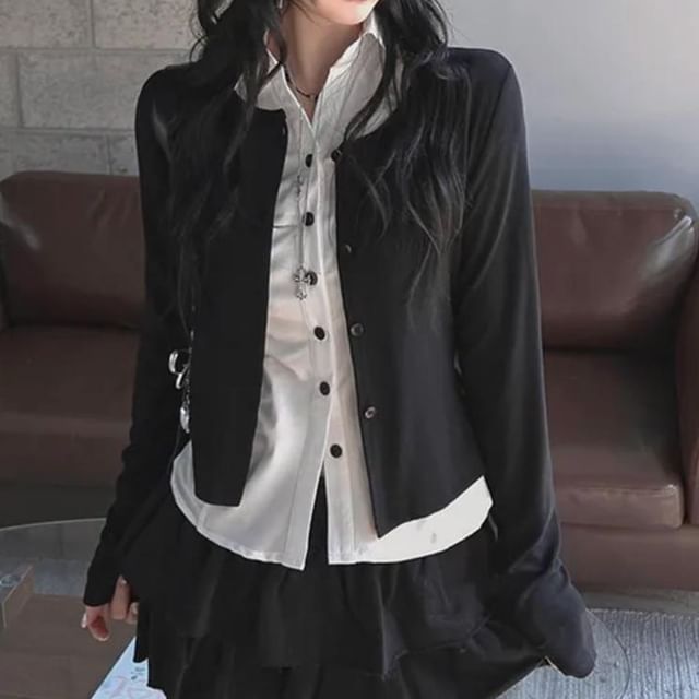 Glotto-Crewneck Button-Up Plain Crop Cardigan