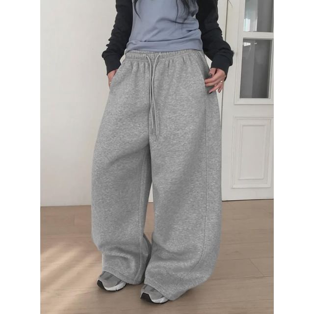 Glotto-Drawstring Waist Plain Wide Leg Sweatpants