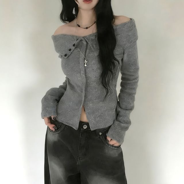 Glotto-Long-Sleeve Off Shoulder Button-Up Plain Top