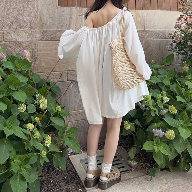 Glotto-Long-Sleeve Scoop Neck Plain Ruched Tunic