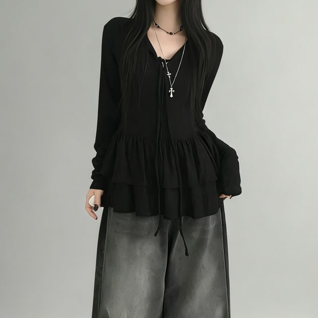 Glotto-Long-Sleeve V-Neck Plain Flowy Blouse