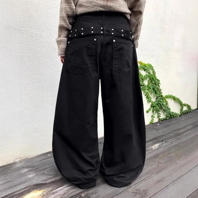Glotto-Mid Rise Plain Studded Wide Leg Jeans