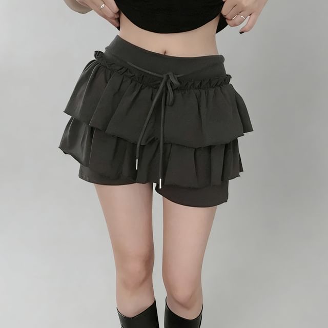 Glotto-Mid Waist Plain Mini Tiered Skirt