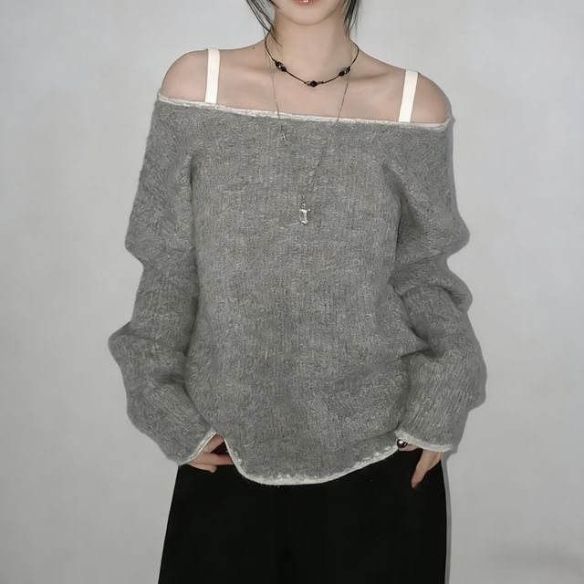 Glotto-Off Shoulder Contrast Trim Ribbed Knit Sweater