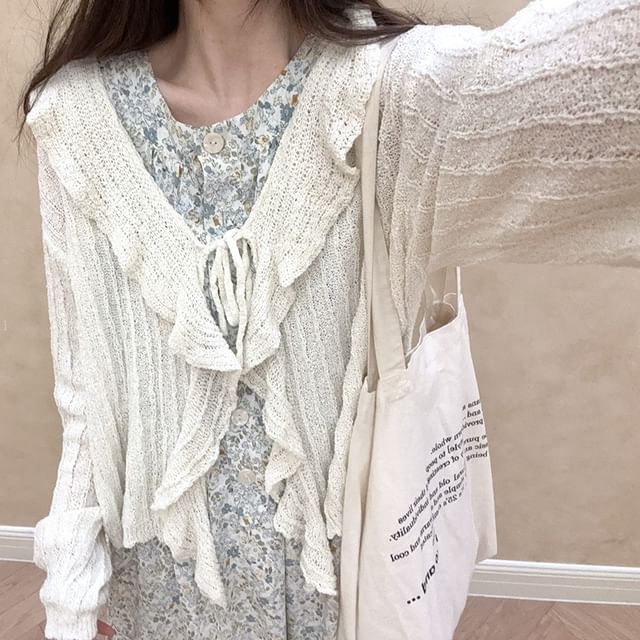 Glotto-Plain Ruffle Tie Front Cardigan