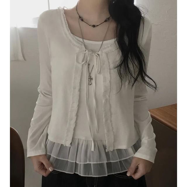 Glotto-Round Neck Plain Ruffle Trim Button Up Cardigan