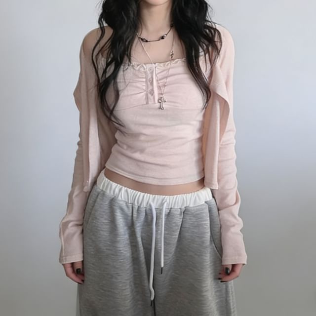 Glotto-Set Plain Henley Camisole Top Plain Cardigan