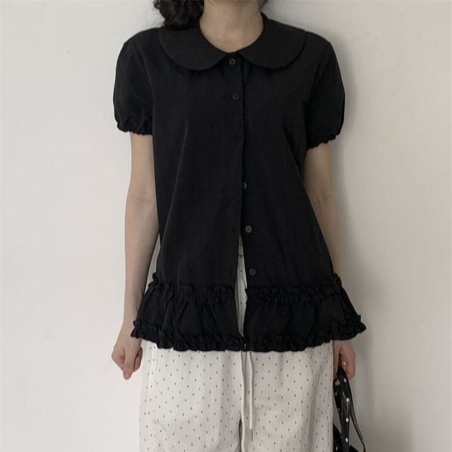 Glotto-Short-Sleeve Collared Frill Trim Blouse