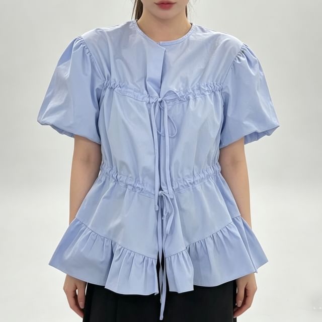 Glotto-Short-Sleeve Crewneck Button-Up Plain Flowy Blouse