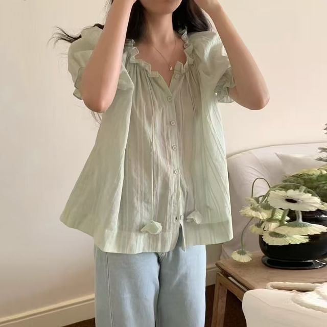 Glotto-Short-Sleeve Frill Trim Button-Up Plain Blouse
