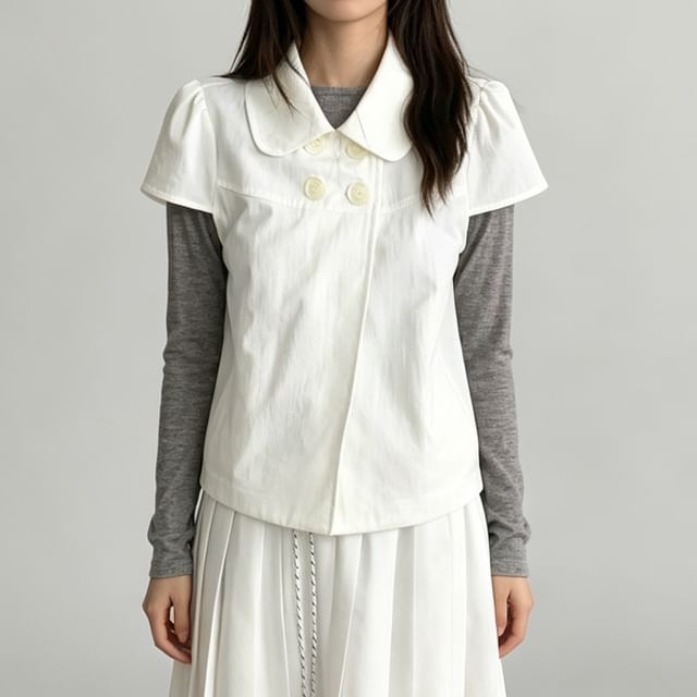 Glotto-Short-Sleeve Peter Pan Collar Double-Breasted Plain Slit Blouse