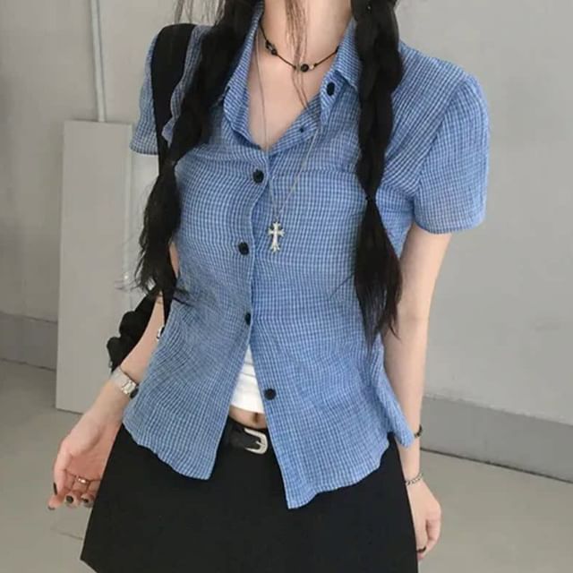 Glotto-Short-Sleeve Plaid Crop Shirt