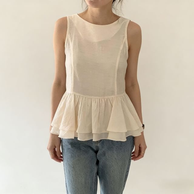 Glotto-Sleeveless Button Back Ruffle Plain Top