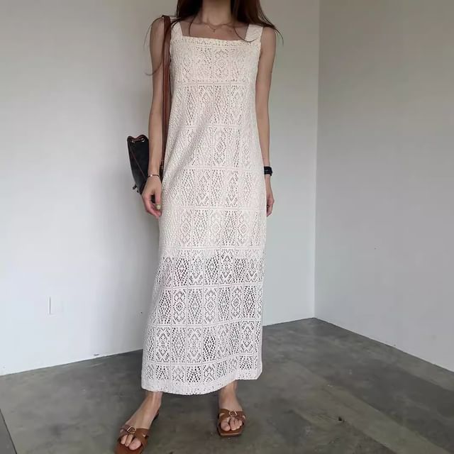 Glotto-Sleeveless Square Neck Lace Maxi Shift Dress