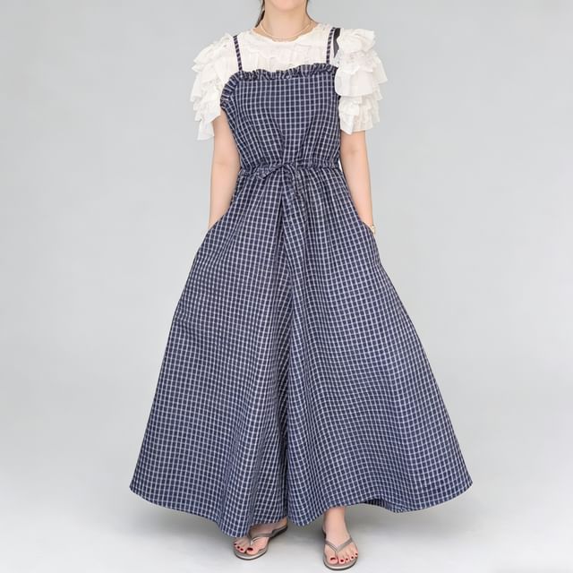 Glotto-Spaghetti Strap Plaid Wide Leg Jumpsuit