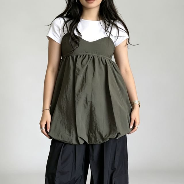 Glotto-Spaghetti Strap V-Neck Plain Bubble Hem Mini A-Line Dress