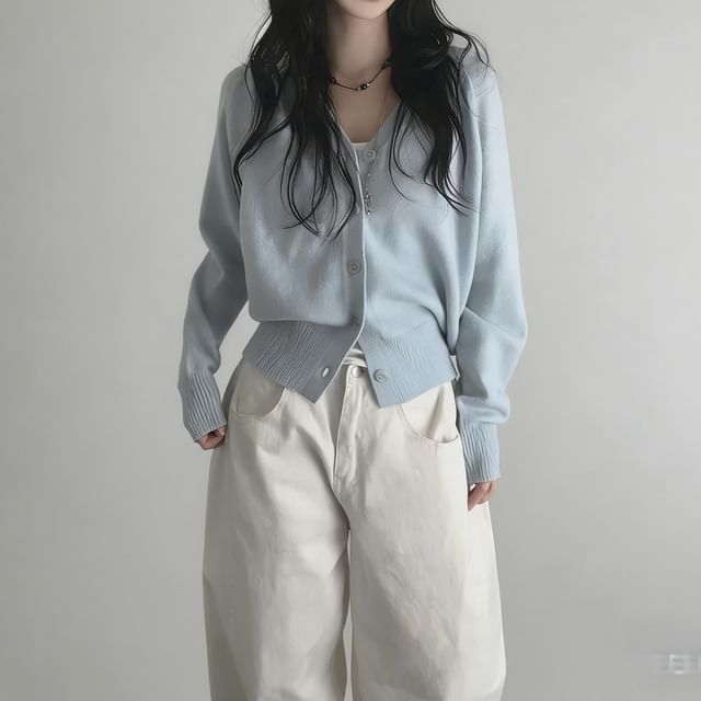 Glotto-V-Neck Button-Up Plain Cardigan