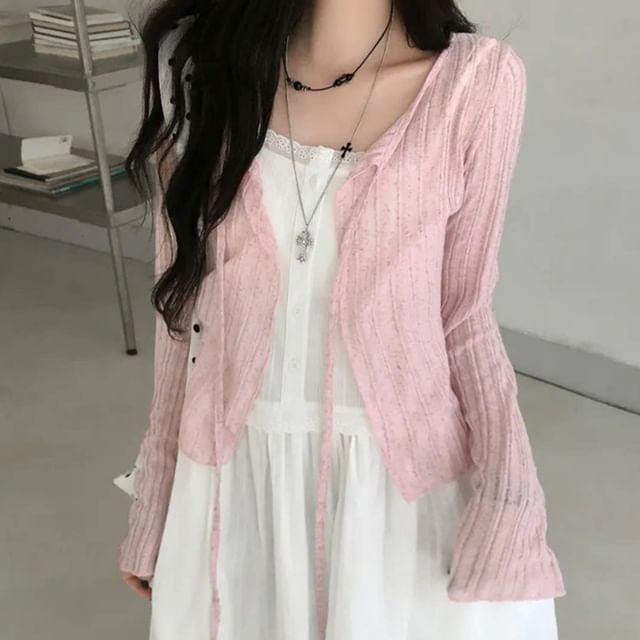 Glotto-V-Neck Ribbed Plain Crop Cardigan