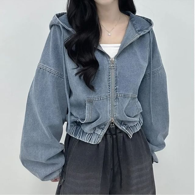 Glotto-Washed Hood Zip Denim Jacket