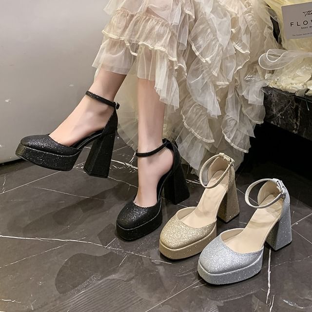 Gordong-Block Heel Glitter Ankle Strap Sandals