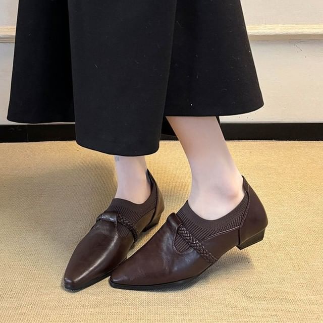 Gordong-Square Toe Knit Panel Faux Leather Slip Ons