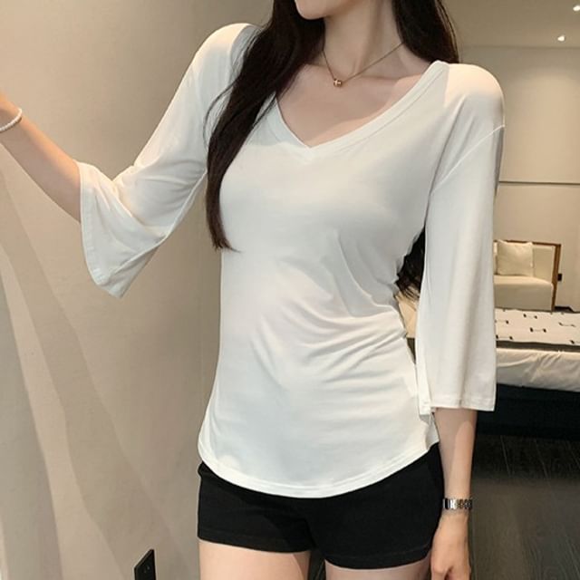 GOUB-34-Sleeve V-Neck Plain T-Shirt