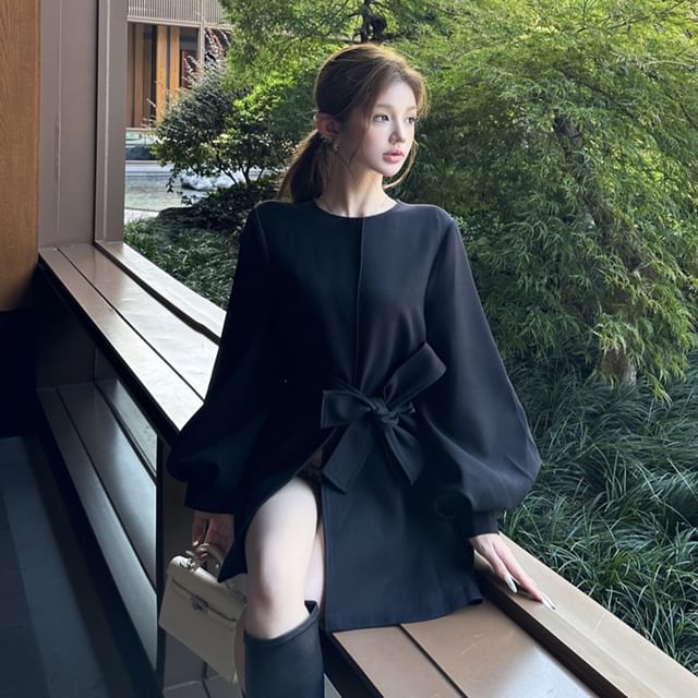 GOUB-Balloon Sleeve Round Neck Plain Belt Jacket