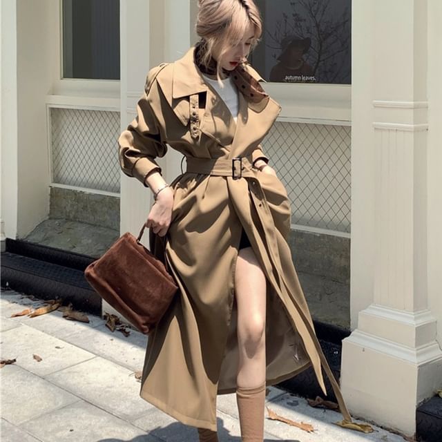 GOUB-Button-Up Plain Long Trench Coat