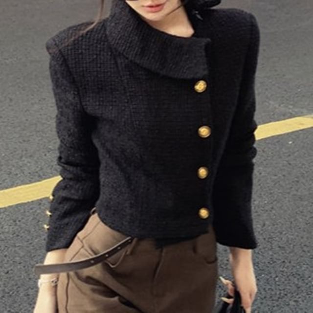 GOUB-Collared Asymmetrical Button-Up Plain Crop Jacket