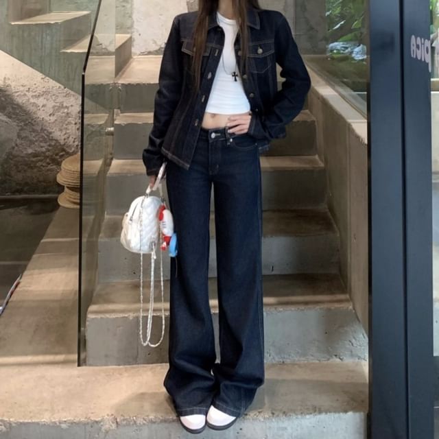 GOUB-Collared Plain Button Up Denim Jacket Low Waist Flared Jeans
