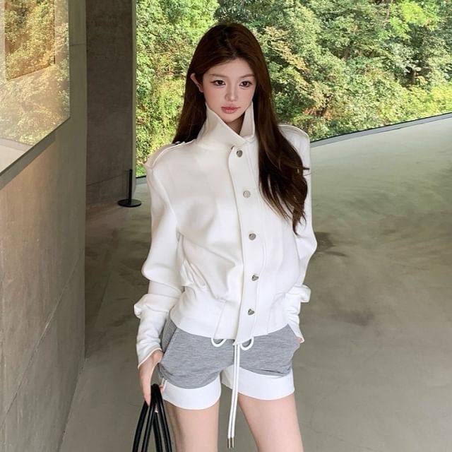 GOUB-Collared Plain Button Up Jacket Drawstring Waist Shorts