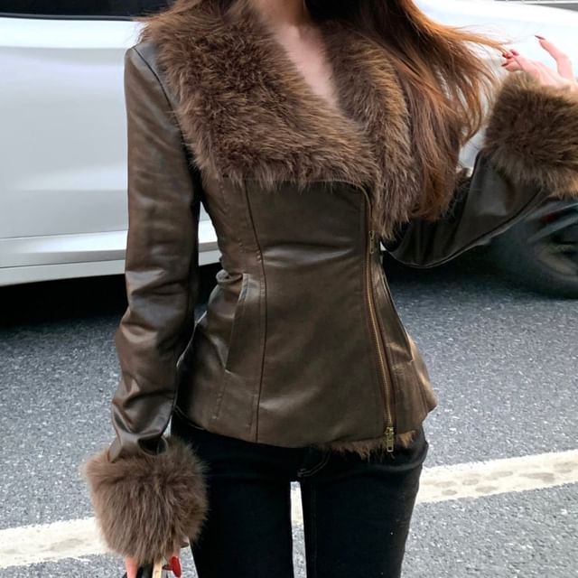 GOUB-Collared Plain Faux Fur Panel Faux Leather Zip Jacket