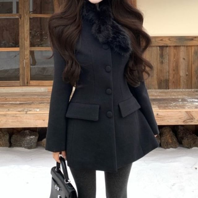 GOUB-Crew Neck Button-Up Plain Coat Fleece-Lined Tights