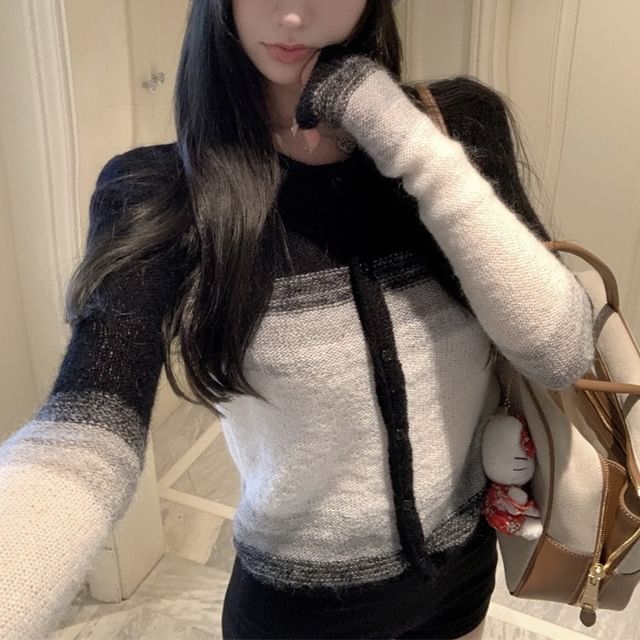 GOUB-Crew Neck Gradient Button Sweater