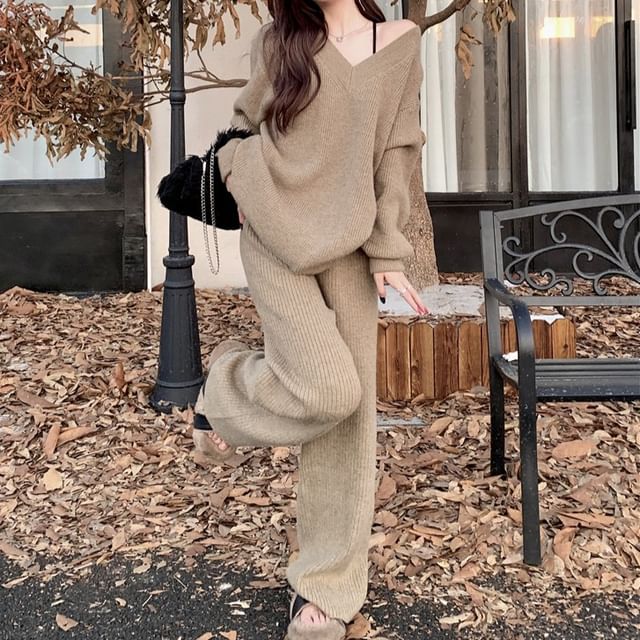GOUB-Drop Shoulder Drop Shoulder Plain Oversized Sweater High Rise Plain Wide Leg Pants