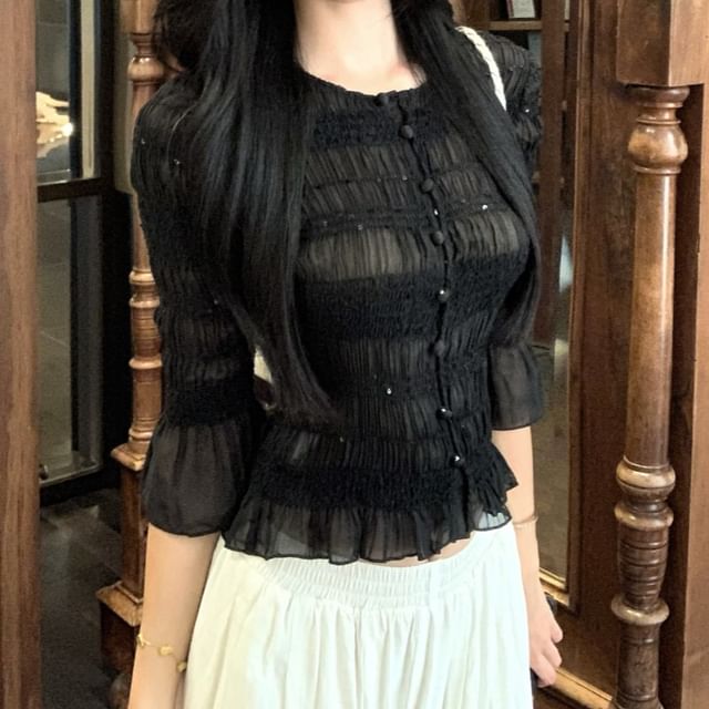 GOUB-Elbow-Sleeve Plain Ruched Blouse