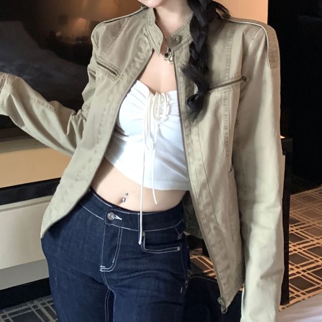GOUB-Faux Leather Plain Zip-Up Jacket