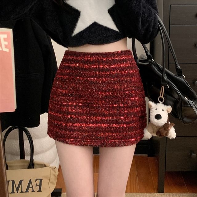 GOUB-High Rise Striped Mini A-Line Skirt