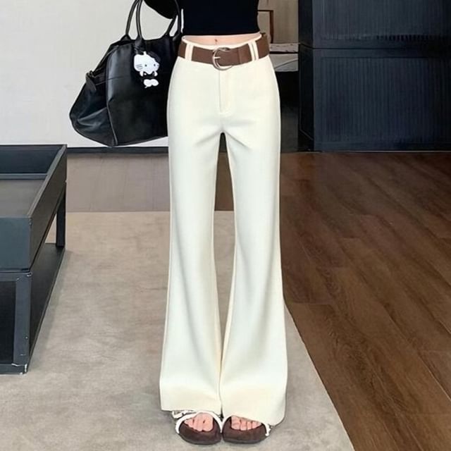 GOUB-High Waist Plain Flared Pants Belt