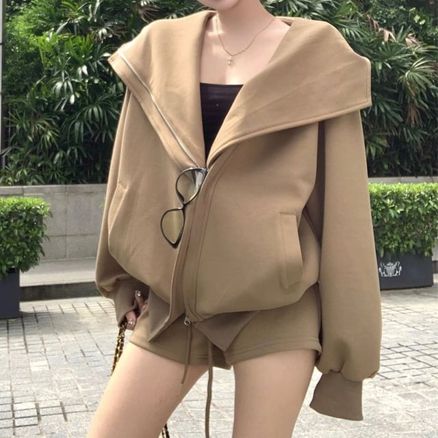 GOUB-Hooded Plain Oversized Zip Jacket High Waist Shorts