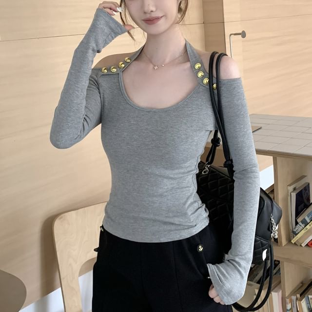 GOUB-Long Sleeve Cold Shoulder Plain Button Detail Top
