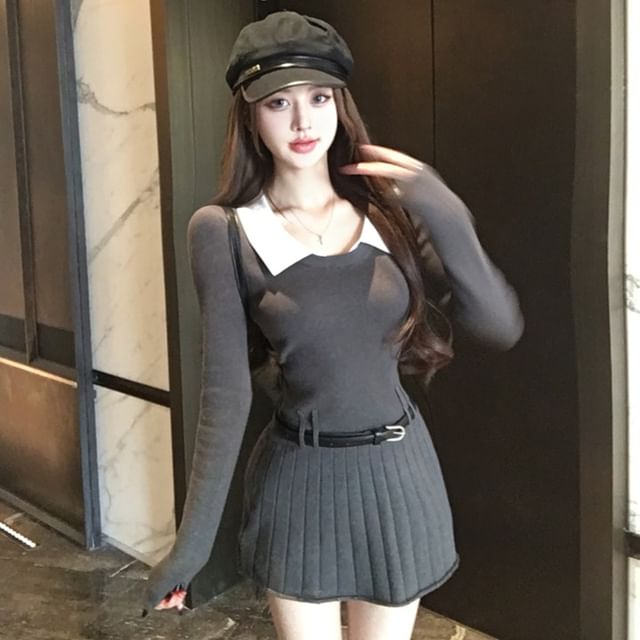 GOUB-Long-Sleeve Collared Mock Two Piece Mini Pleated Dress