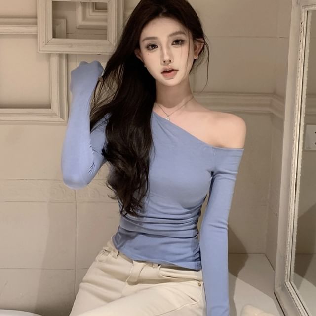 GOUB-Long-Sleeve Off Shoulder Plain Top