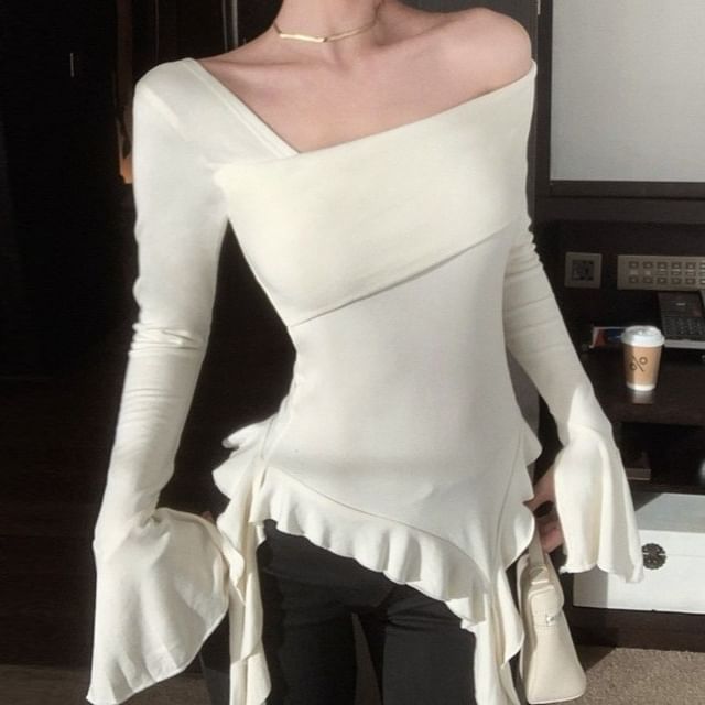 GOUB-Long Sleeve One Shoulder Plain Ruffle Top