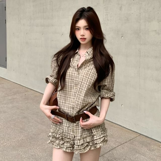 GOUB-Long-Sleeve Plaid Ruffle Shirt
