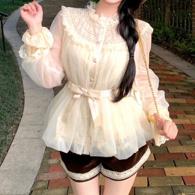GOUB-Long-Sleeve Stand Collar Lace Panel Bubble Hem Button-Up Blouse High Waist Velvet Wide Leg Shorts