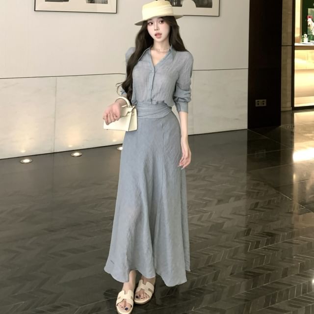GOUB-Long-Sleeve V-Neck Collared Button-Up Plain Blouse High Waist A-Line Skirt Various Designs