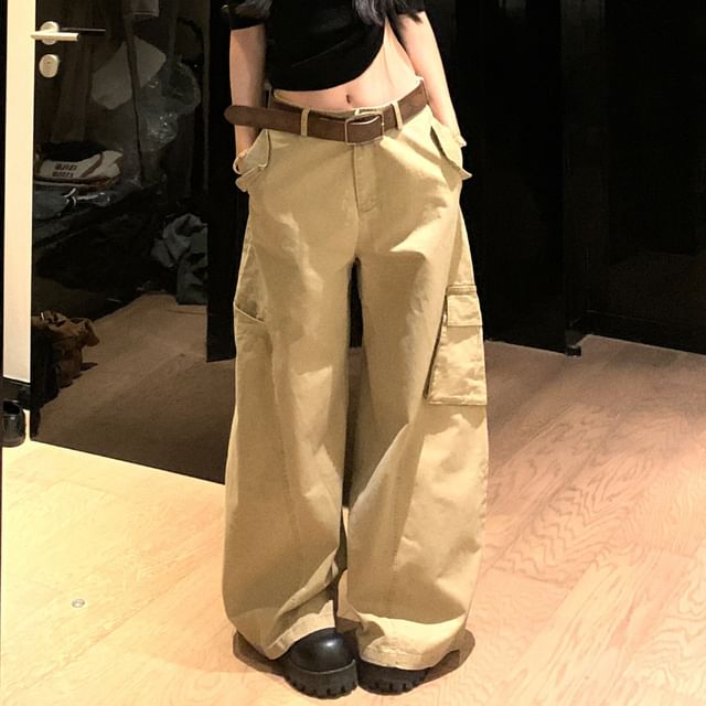 GOUB-Mid Rise Plain Baggy Cargo Pants