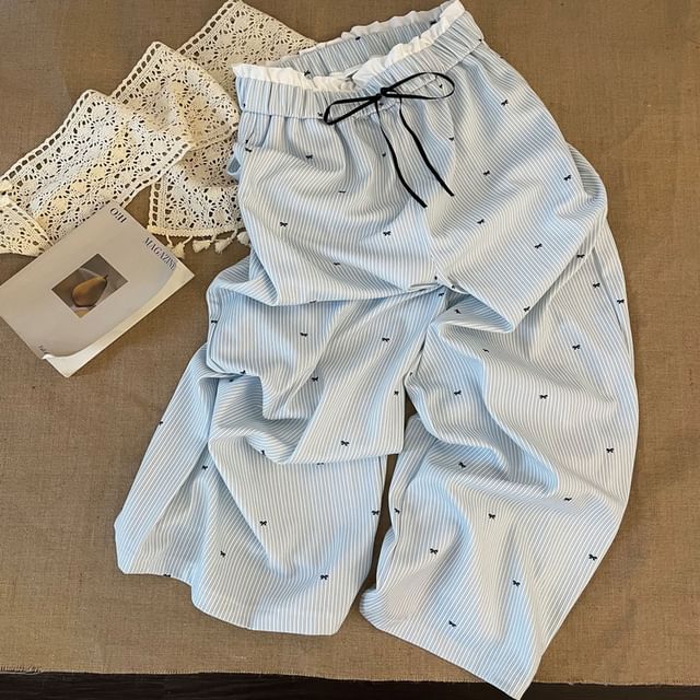 GOUB-Mid Rise Striped Ruffled Pajama Pants